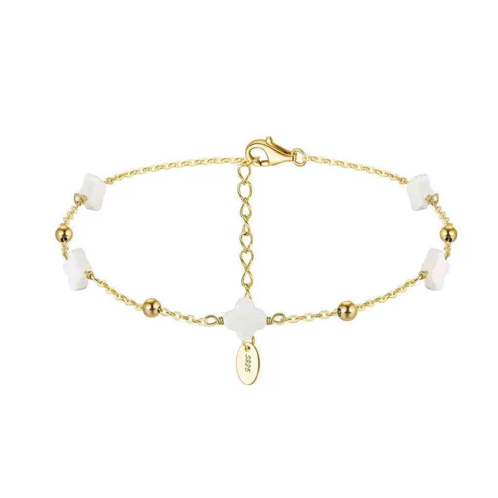 Natural Shell 14K Gold Plated 925 Sterling Silver Four-leaf Clover Anklet TQ