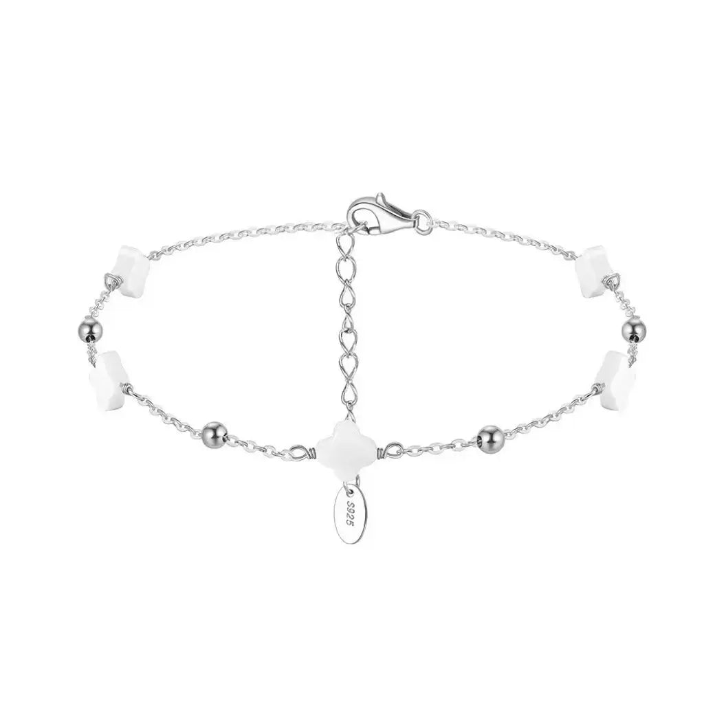 Natural Shell 14K Gold Plated 925 Sterling Silver Four-leaf Clover Anklet TQ