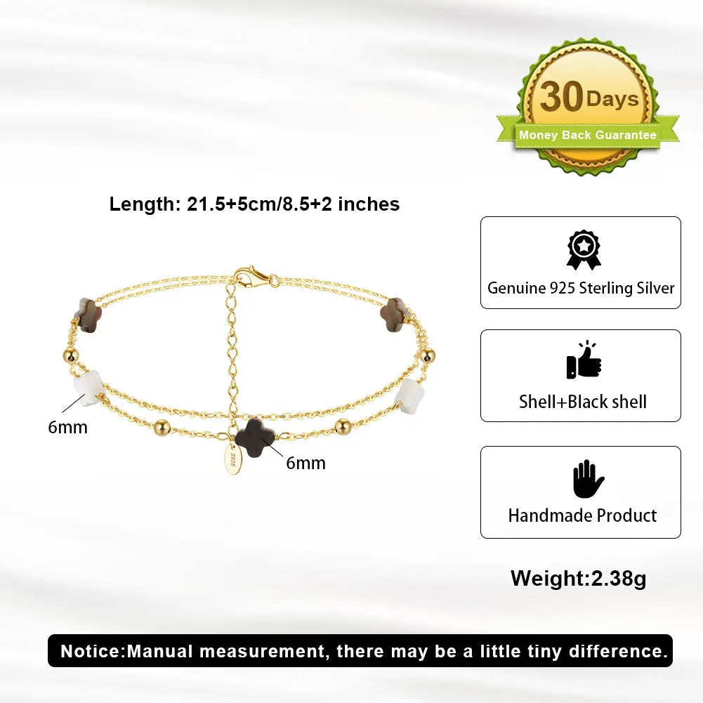 Black shell 14K Gold Plated 925 Sterling Silver Four-leaf Clover Double Anklet TQ