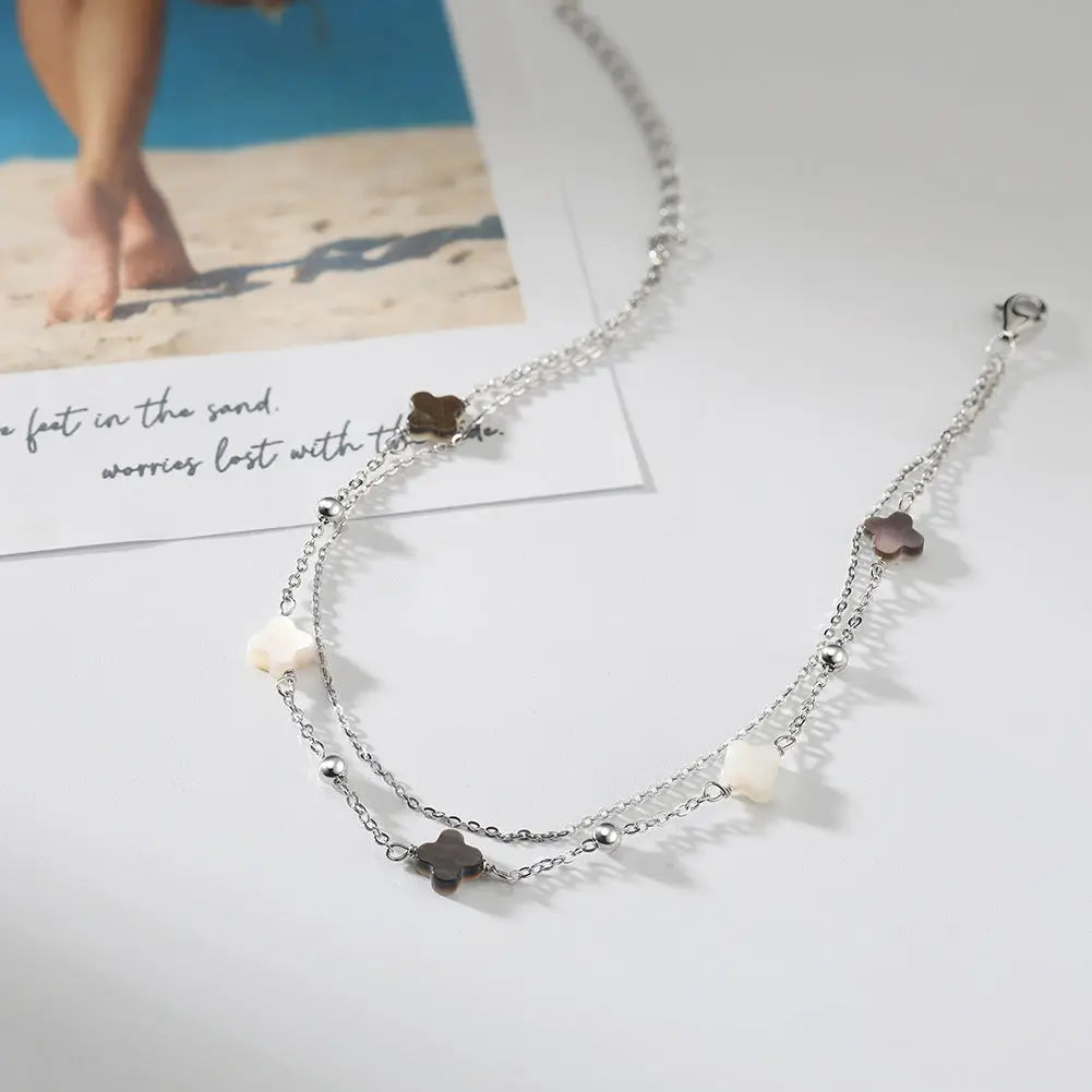 Black shell 14K Gold Plated 925 Sterling Silver Four-leaf Clover Double Anklet TQ