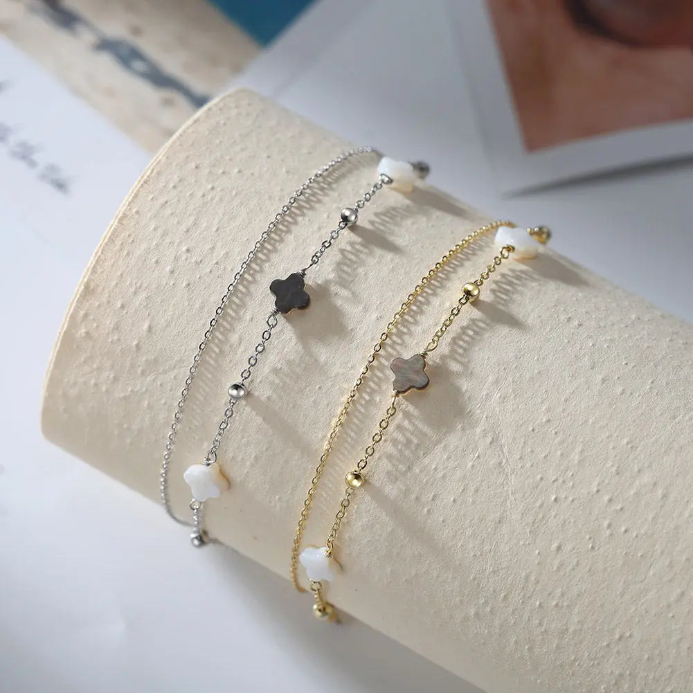 Black shell 14K Gold Plated 925 Sterling Silver Four-leaf Clover Double Anklet TQ