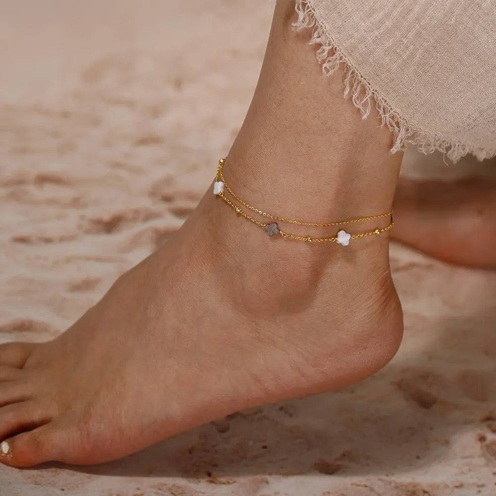 Black shell 14K Gold Plated 925 Sterling Silver Four-leaf Clover Double Anklet TQ