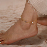 Black shell 14K Gold Plated 925 Sterling Silver Four-leaf Clover Double Anklet TQ