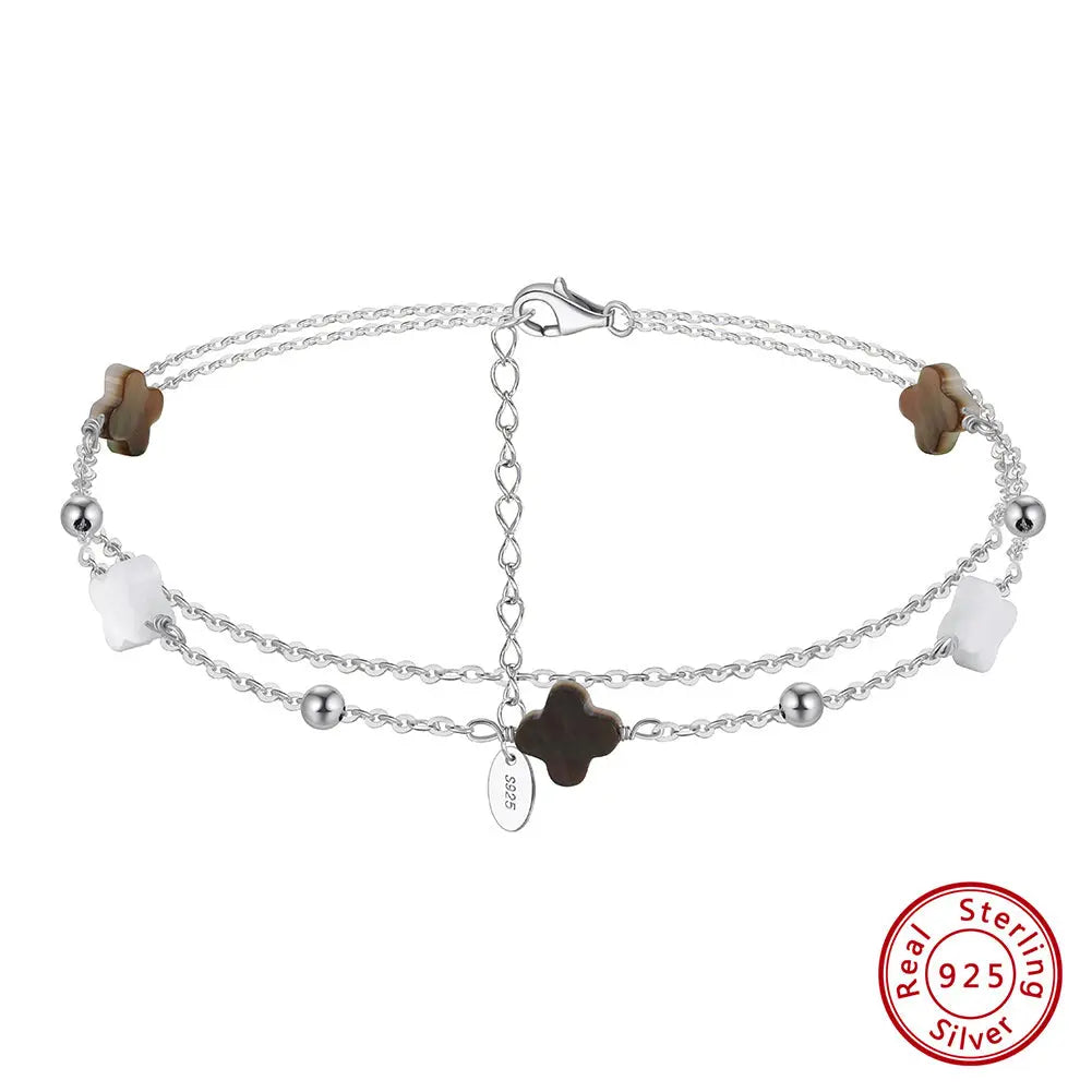 Black shell 14K Gold Plated 925 Sterling Silver Four-leaf Clover Double Anklet TQ