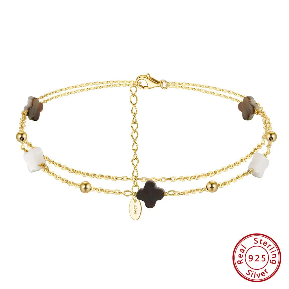 Black shell 14K Gold Plated 925 Sterling Silver Four-leaf Clover Double Anklet TQ