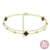 Black shell 14K Gold Plated 925 Sterling Silver Four-leaf Clover Double Anklet TQ