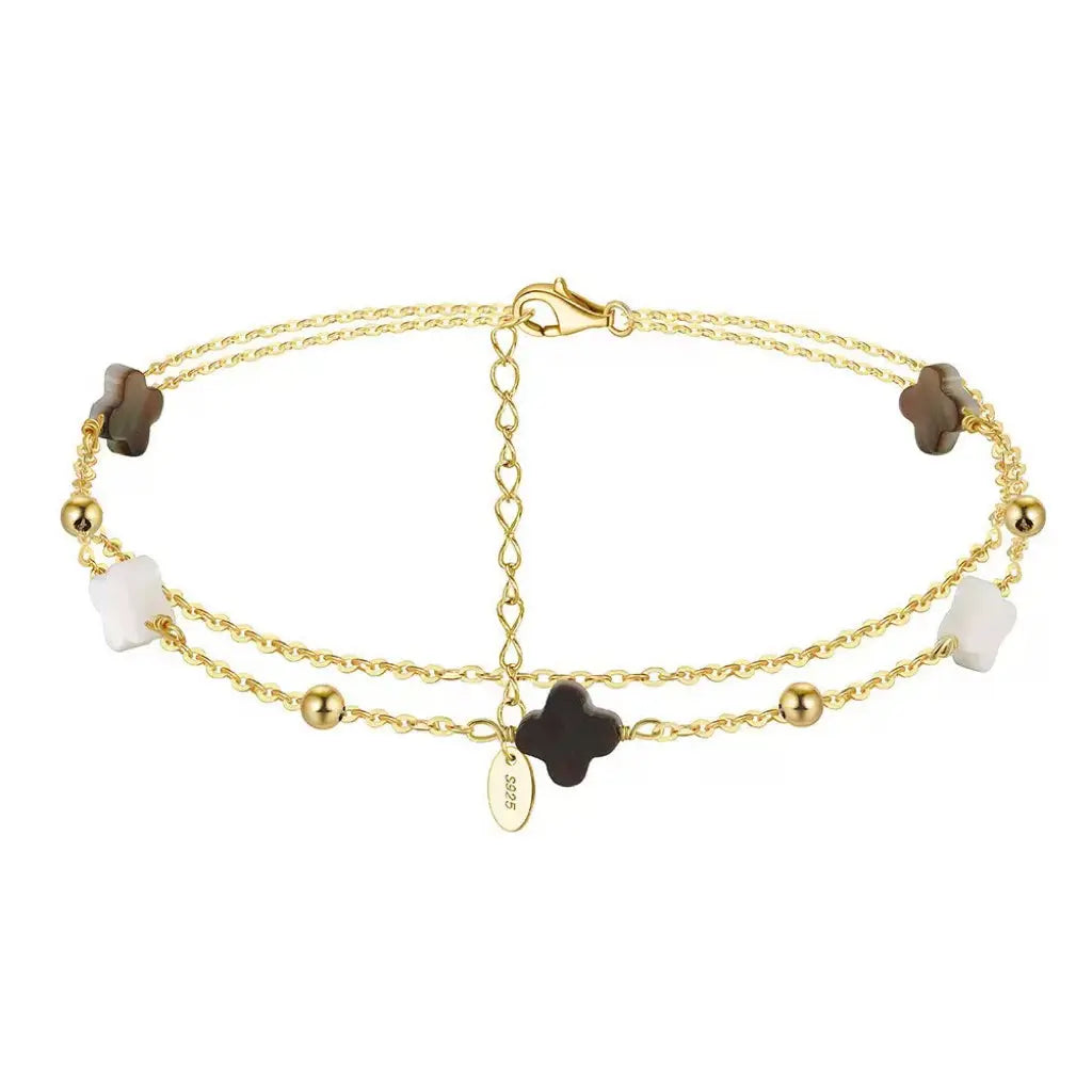 Black shell 14K Gold Plated 925 Sterling Silver Four-leaf Clover Double Anklet TQ