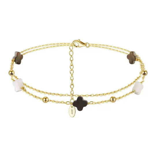 Black shell 14K Gold Plated 925 Sterling Silver Four-leaf Clover Double Anklet TQ