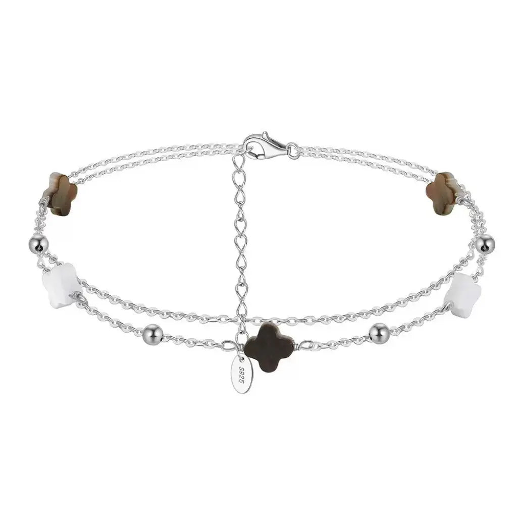 Black shell 14K Gold Plated 925 Sterling Silver Four-leaf Clover Double Anklet TQ