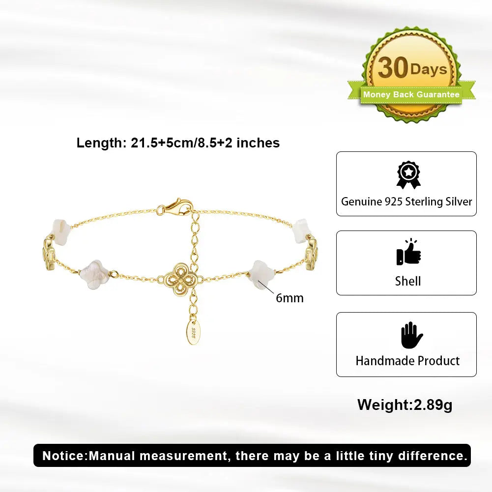 Natural Shell 14K Gold Plated 925 Sterling Silver Four-leaf Clover Anklet TQ