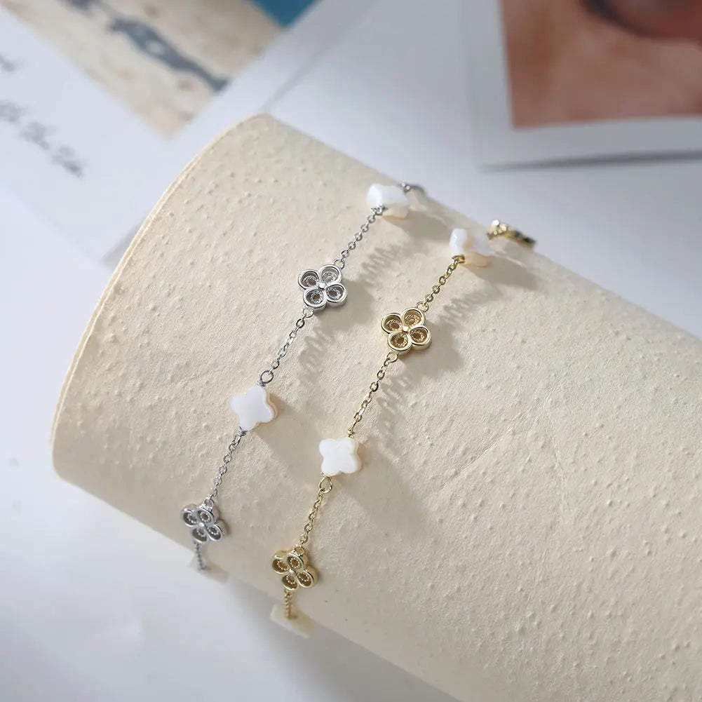 Natural Shell 14K Gold Plated 925 Sterling Silver Four-leaf Clover Anklet TQ
