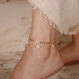 Natural Shell 14K Gold Plated 925 Sterling Silver Four-leaf Clover Anklet TQ