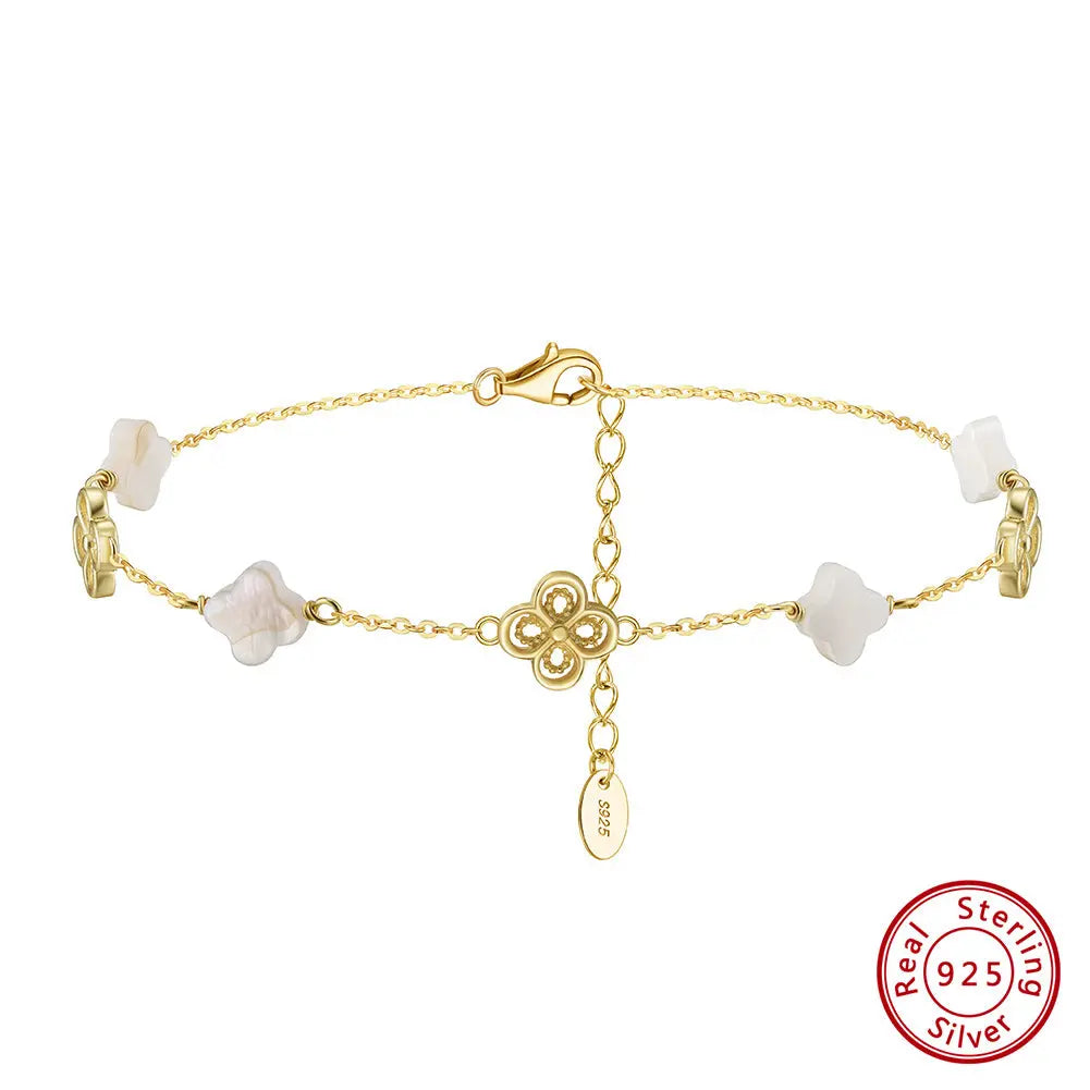 Natural Shell 14K Gold Plated 925 Sterling Silver Four-leaf Clover Anklet TQ