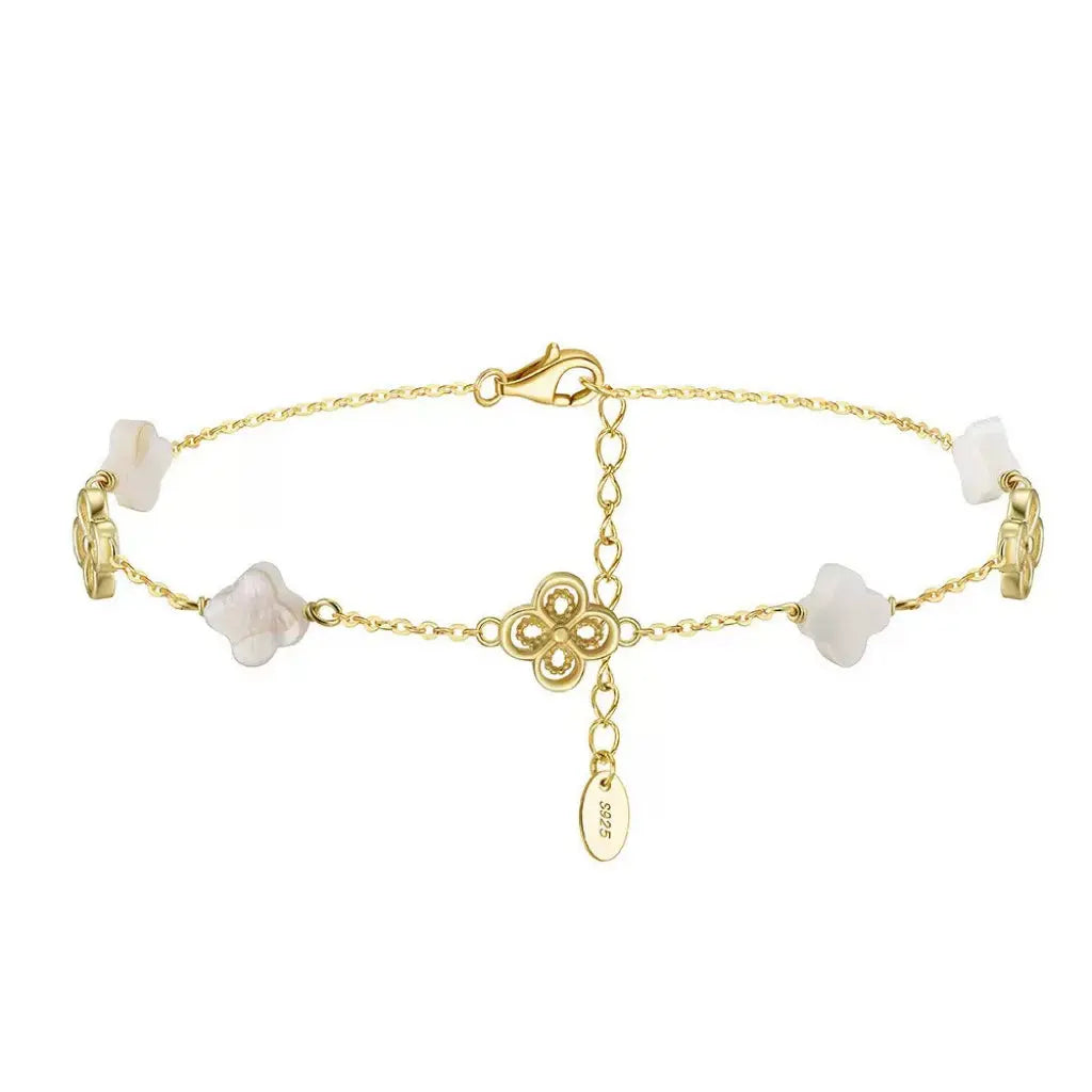 Natural Shell 14K Gold Plated 925 Sterling Silver Four-leaf Clover Anklet TQ