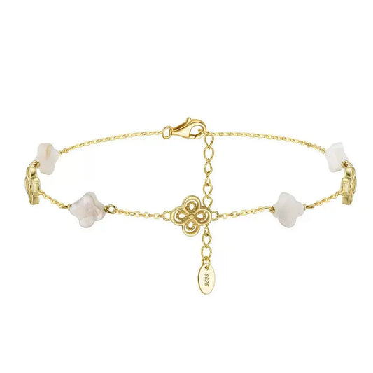 Natural Shell 14K Gold Plated 925 Sterling Silver Four-leaf Clover Anklet TQ