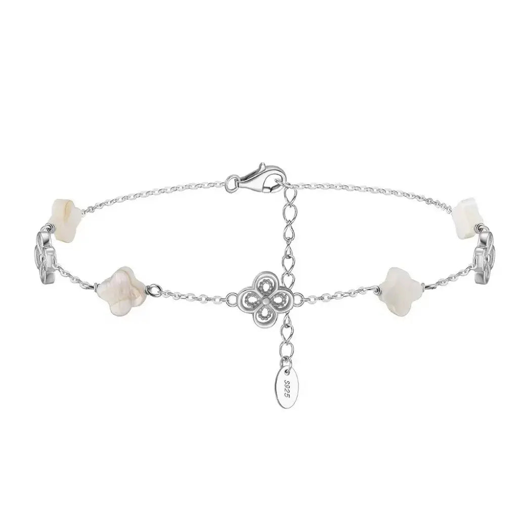 Natural Shell 14K Gold Plated 925 Sterling Silver Four-leaf Clover Anklet TQ