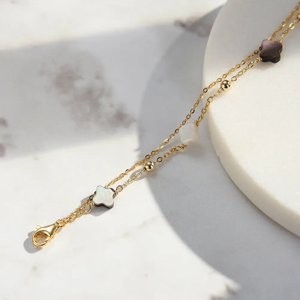 Black shell 14K Gold Plated 925 Sterling Silver Four-leaf Clover Double Bracelet TQ