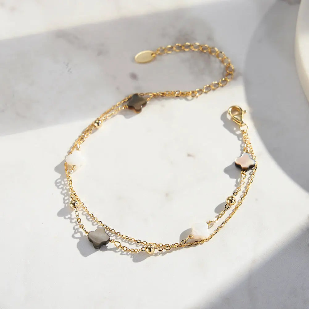 Black shell 14K Gold Plated 925 Sterling Silver Four-leaf Clover Double Bracelet TQ