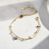 Black shell 14K Gold Plated 925 Sterling Silver Four-leaf Clover Double Bracelet TQ