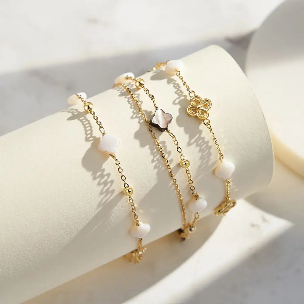 Black shell 14K Gold Plated 925 Sterling Silver Four-leaf Clover Double Bracelet TQ