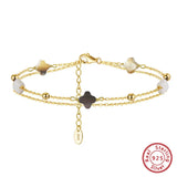 Black shell 14K Gold Plated 925 Sterling Silver Four-leaf Clover Double Bracelet TQ