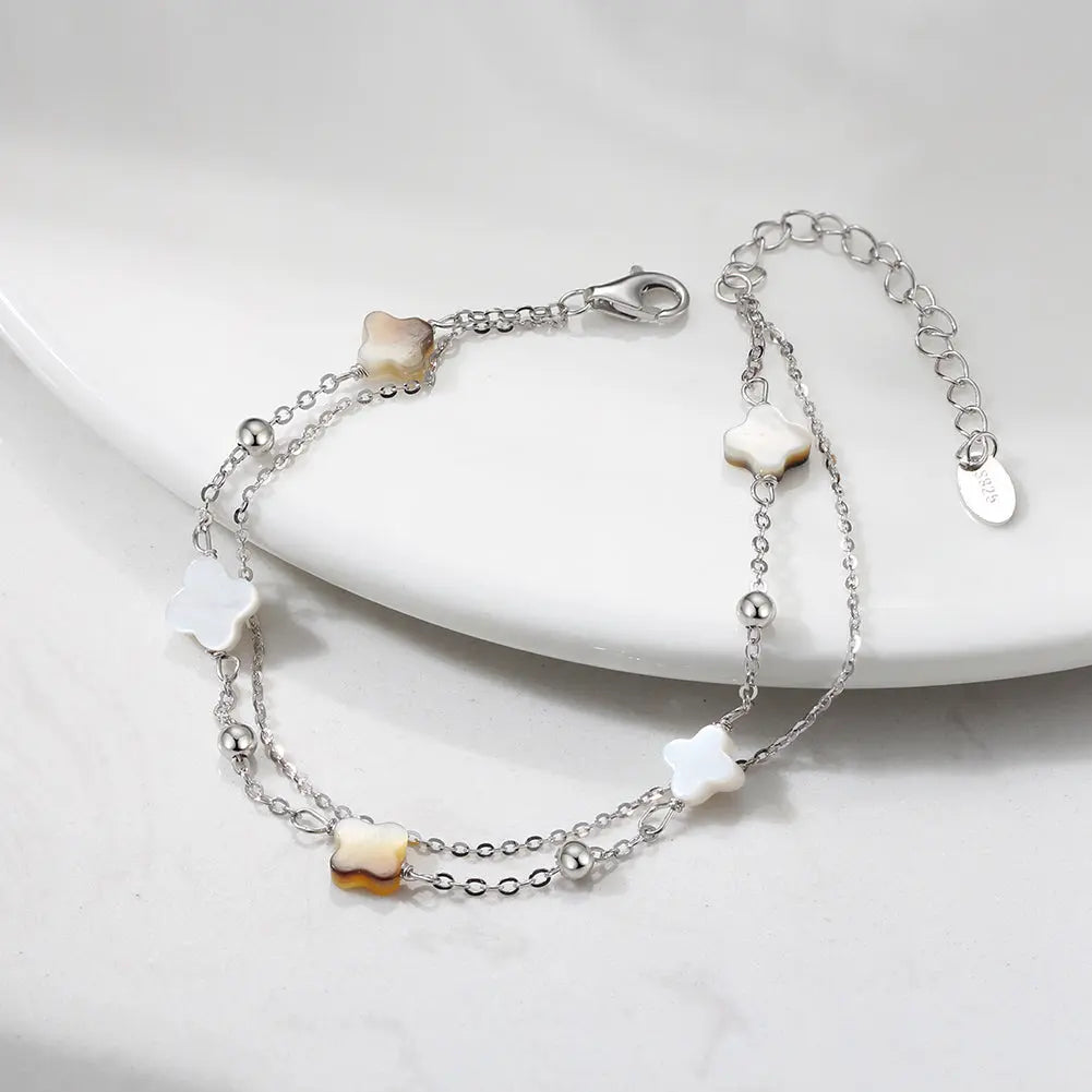 Black shell 14K Gold Plated 925 Sterling Silver Four-leaf Clover Double Bracelet TQ