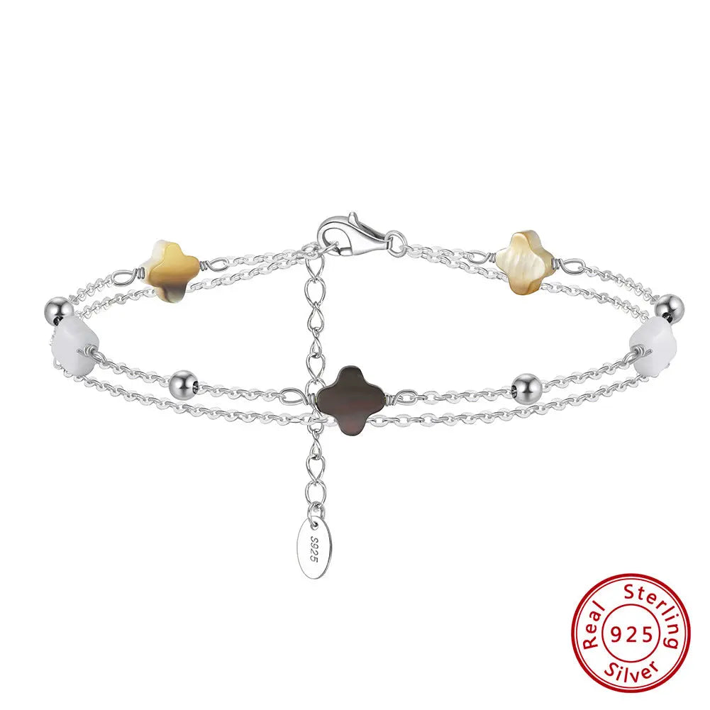 Black shell 14K Gold Plated 925 Sterling Silver Four-leaf Clover Double Bracelet TQ