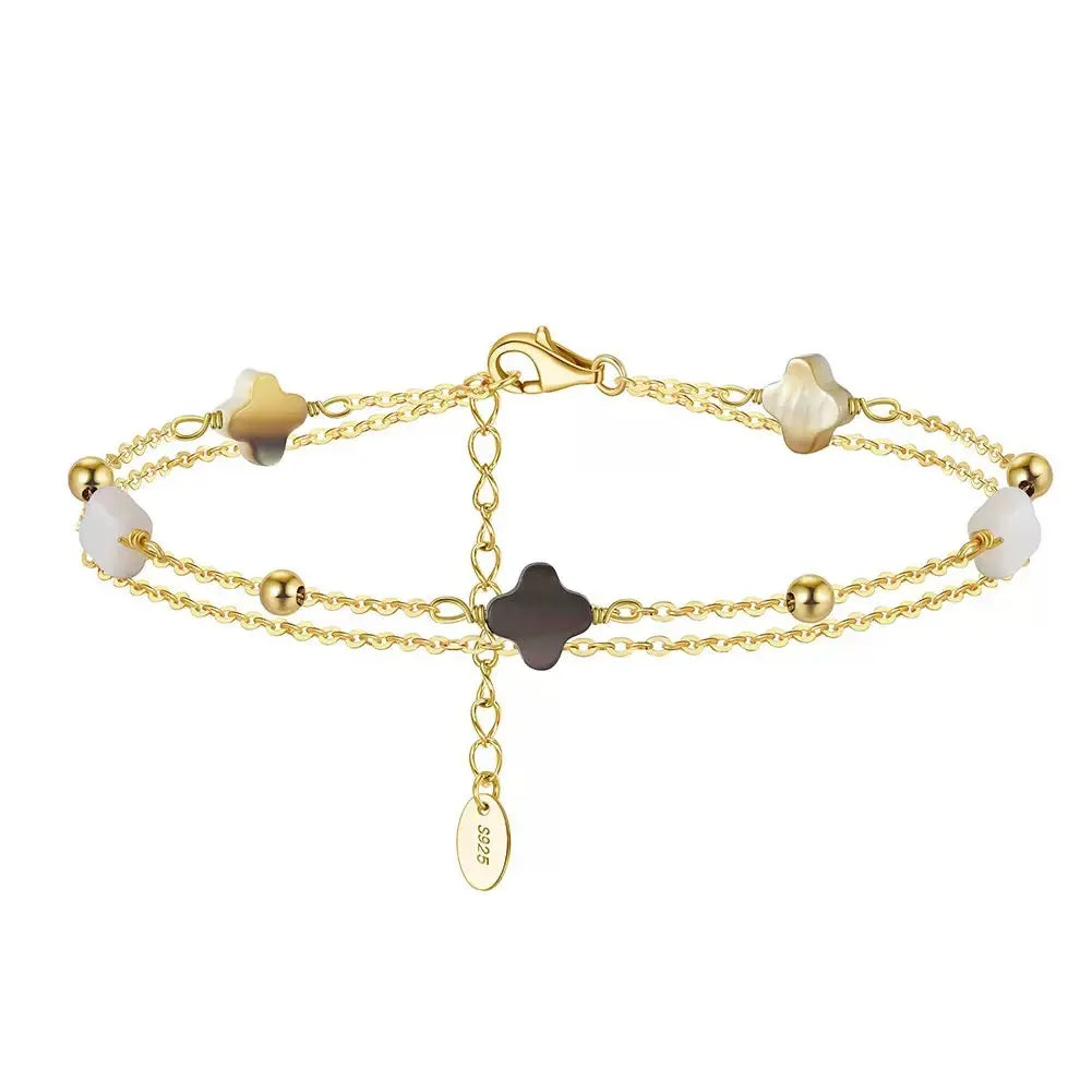 Black shell 14K Gold Plated 925 Sterling Silver Four-leaf Clover Double Bracelet TQ