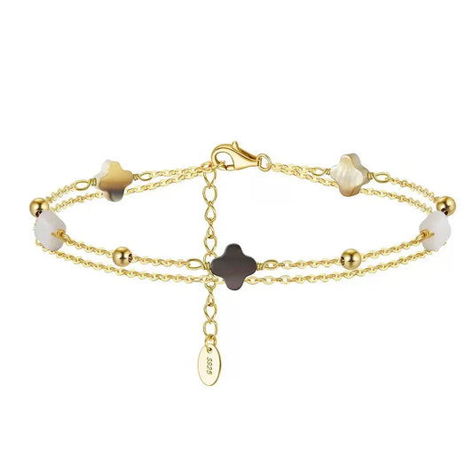 Black shell 14K Gold Plated 925 Sterling Silver Four-leaf Clover Double Bracelet TQ