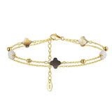 Black shell 14K Gold Plated 925 Sterling Silver Four-leaf Clover Double Bracelet TQ