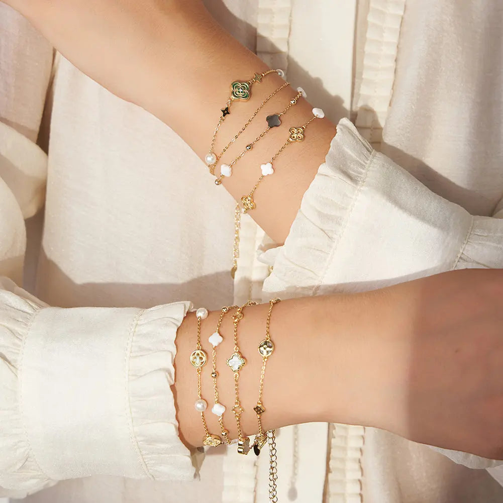 Natural Shell 14K Gold Plated 925 Sterling Silver Four-Leaf Clover Bracelet TQ