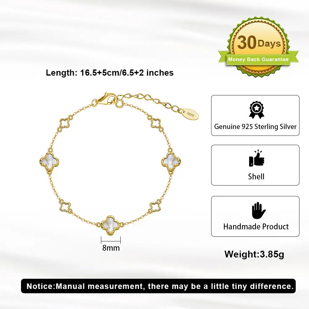 Natural Shell 14K Gold Plated 925 Sterling Silver Four-Leaf Clover Bracelet TQ