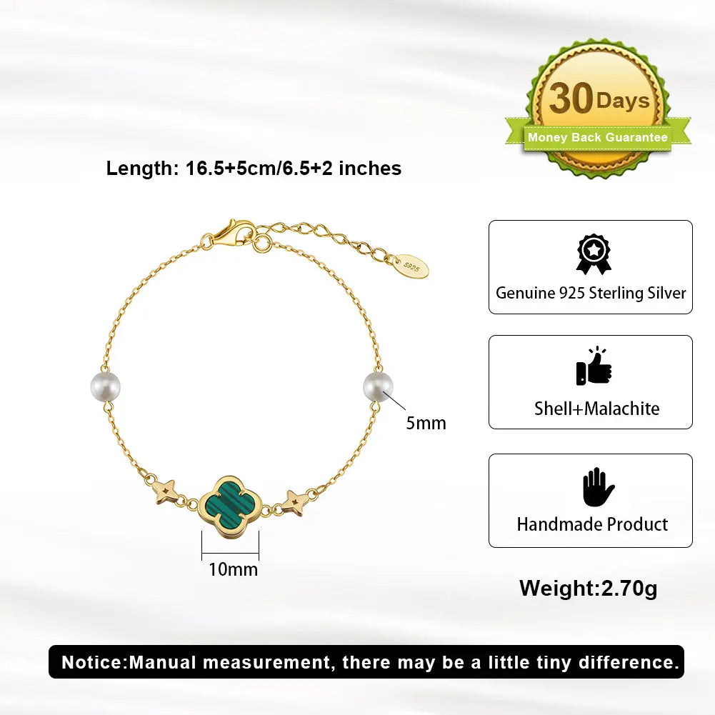 Shell Pearls Malachite 14K Gold Plated 925 Sterling Silver Double Shell Pearl Four-leaf Clover Bracelet TQ