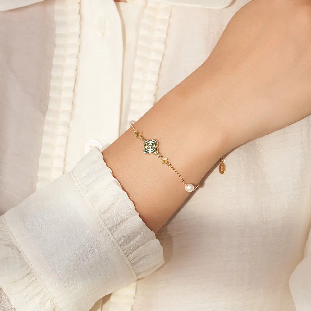 Shell Pearls Malachite 14K Gold Plated 925 Sterling Silver Double Shell Pearl Four-leaf Clover Bracelet TQ