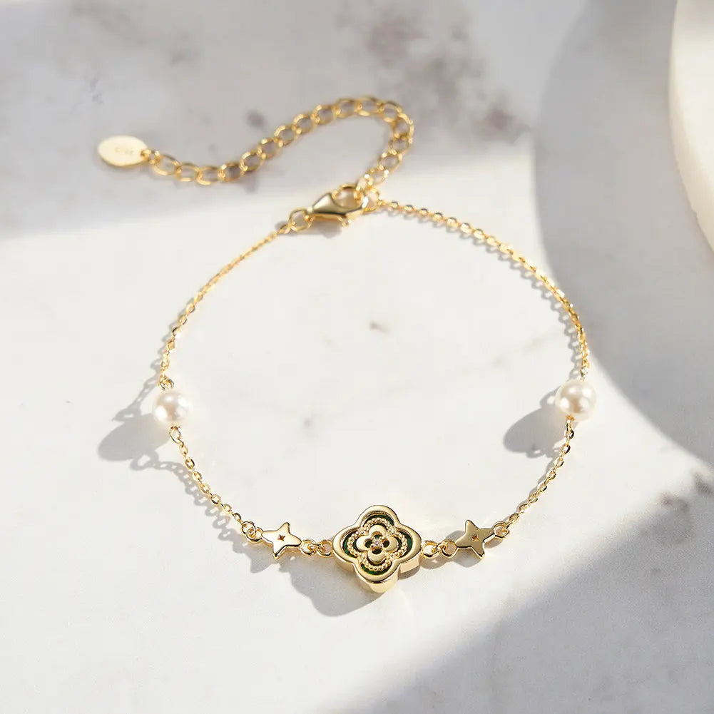 Shell Pearls Malachite 14K Gold Plated 925 Sterling Silver Double Shell Pearl Four-leaf Clover Bracelet TQ