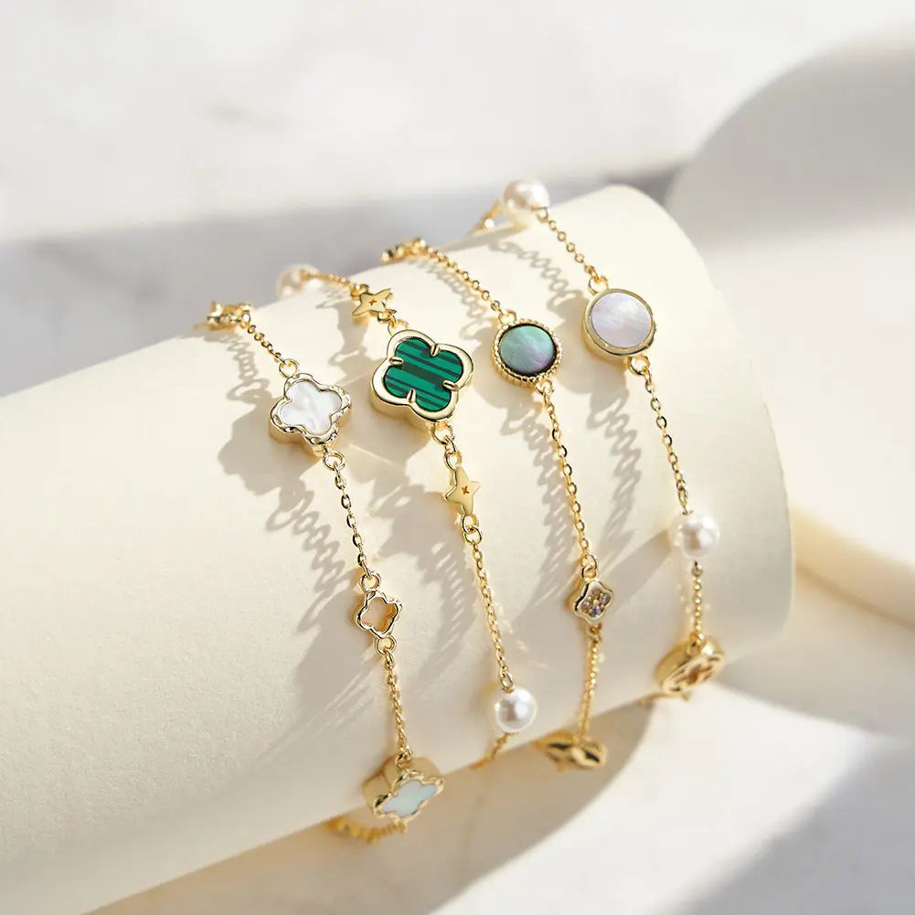 Shell Pearls Malachite 14K Gold Plated 925 Sterling Silver Double Shell Pearl Four-leaf Clover Bracelet TQ