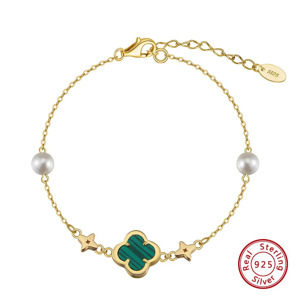 Shell Pearls Malachite 14K Gold Plated 925 Sterling Silver Double Shell Pearl Four-leaf Clover Bracelet TQ