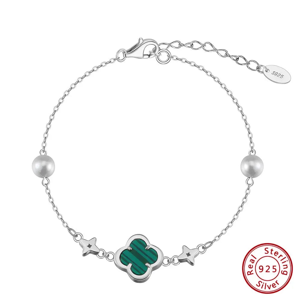 Shell Pearls Malachite 14K Gold Plated 925 Sterling Silver Double Shell Pearl Four-leaf Clover Bracelet TQ