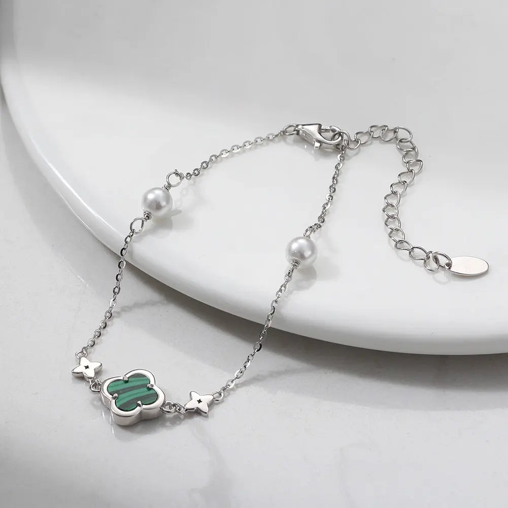 Shell Pearls Malachite 14K Gold Plated 925 Sterling Silver Double Shell Pearl Four-leaf Clover Bracelet TQ
