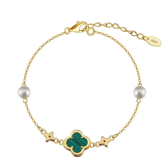 Shell Pearls Malachite 14K Gold Plated 925 Sterling Silver Double Shell Pearl Four-leaf Clover Bracelet TQ