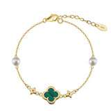 Shell Pearls Malachite 14K Gold Plated 925 Sterling Silver Double Shell Pearl Four-leaf Clover Bracelet TQ