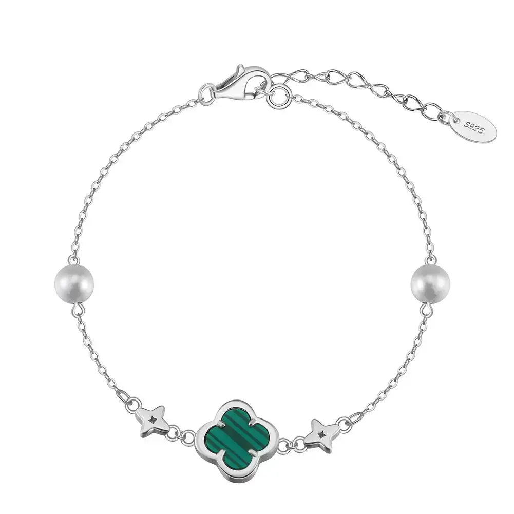 Shell Pearls Malachite 14K Gold Plated 925 Sterling Silver Double Shell Pearl Four-leaf Clover Bracelet TQ