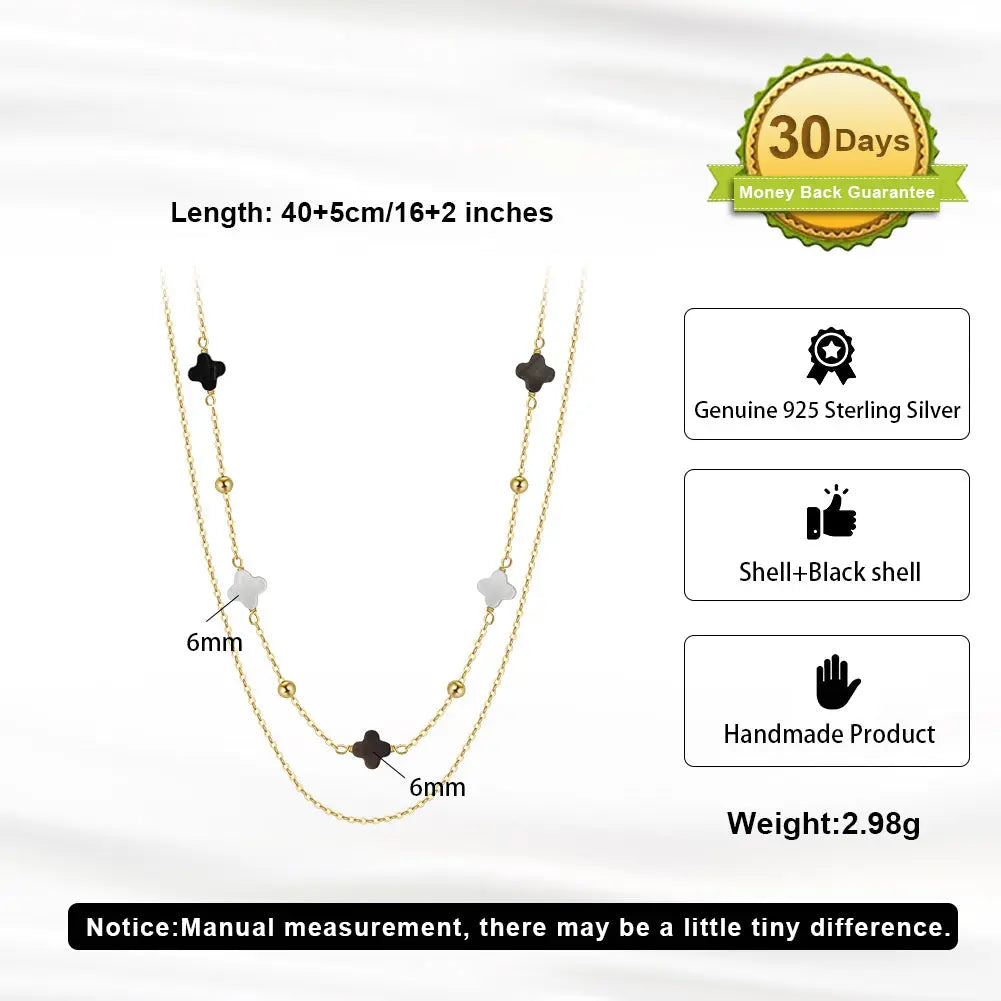 Black Shell 14K Gold Plated 925 Sterling Silver Four-leaf Clover Double-layer Necklace TQ
