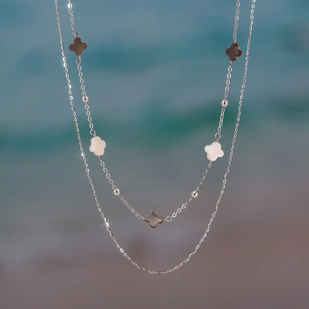 Black Shell 14K Gold Plated 925 Sterling Silver Four-leaf Clover Double-layer Necklace TQ