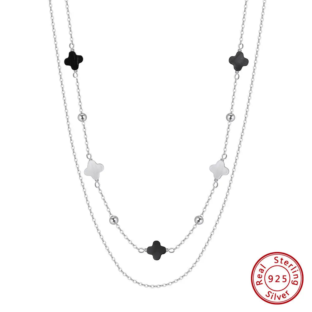Black Shell 14K Gold Plated 925 Sterling Silver Four-leaf Clover Double-layer Necklace TQ