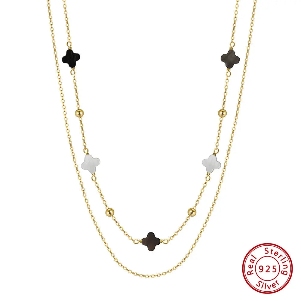 Black Shell 14K Gold Plated 925 Sterling Silver Four-leaf Clover Double-layer Necklace TQ