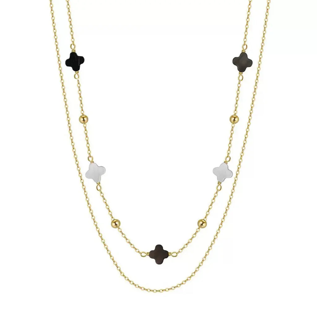 Black Shell 14K Gold Plated 925 Sterling Silver Four-leaf Clover Double-layer Necklace TQ