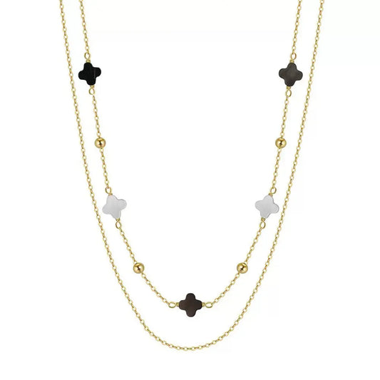 Black Shell 14K Gold Plated 925 Sterling Silver Four-leaf Clover Double-layer Necklace TQ