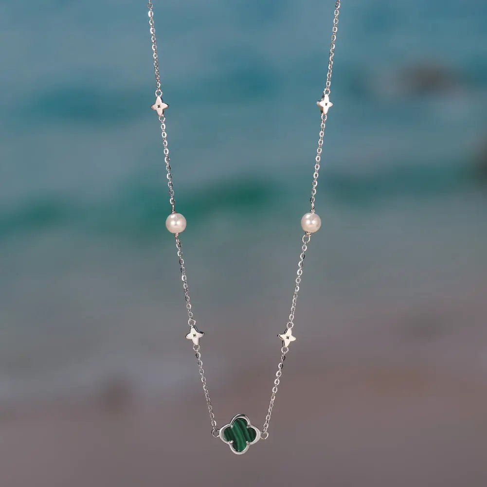 Shell Pearls Malachite 14K Gold Plated 925 Sterling Silver Pendant Necklace TQ