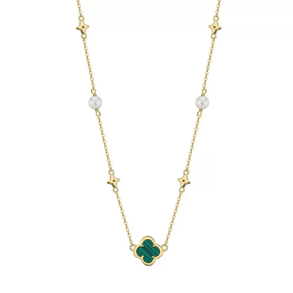 Shell Pearls Malachite 14K Gold Plated 925 Sterling Silver Pendant Necklace TQ